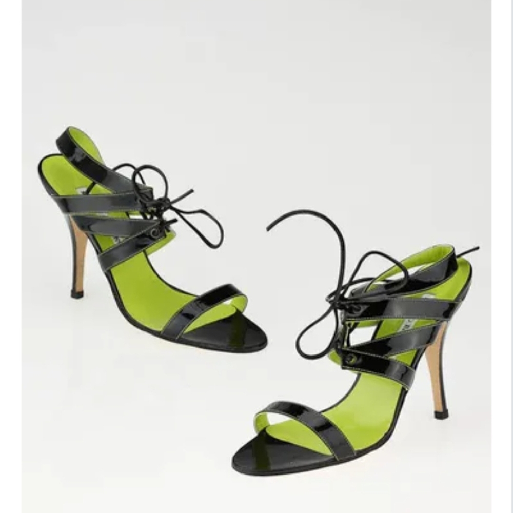 Manolo Blahnik Black and Green Heels with Stiletto and Strappy Design - Picture 2 of 13